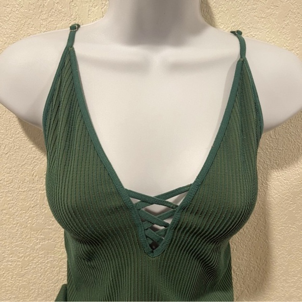 Free People Intimately Green Ribbed Lace Up V Camisole Size M/L - Picture 6 of 7